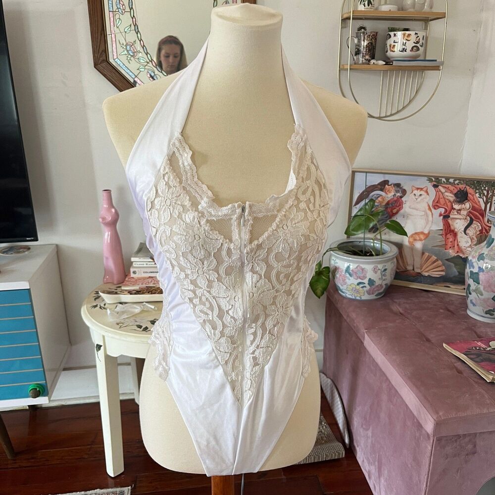 White floral bridal lace zip up high leg cutout halter silk bodysuit vintage